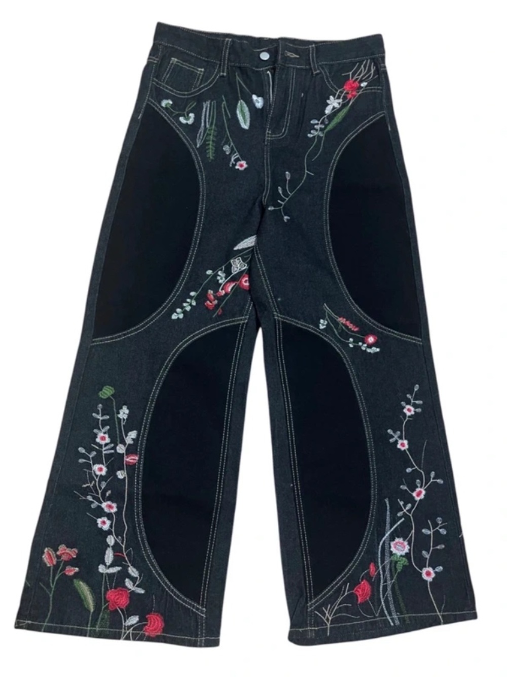 Y2K Black Floral Embroidered Baggy Wide Leg Jeans W33